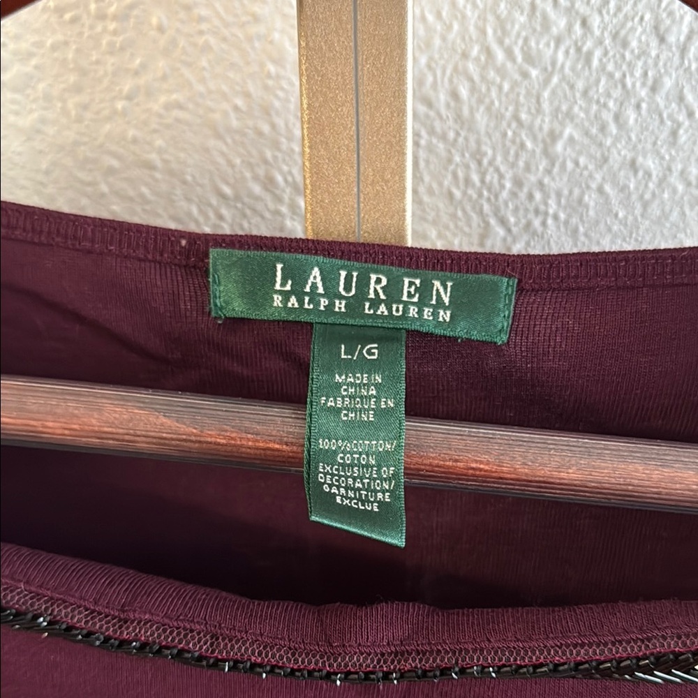 Lauren Ralph Lauren Elegant Cotton Top long sleeve plum glass bead – Size L - Picture 3 of 4